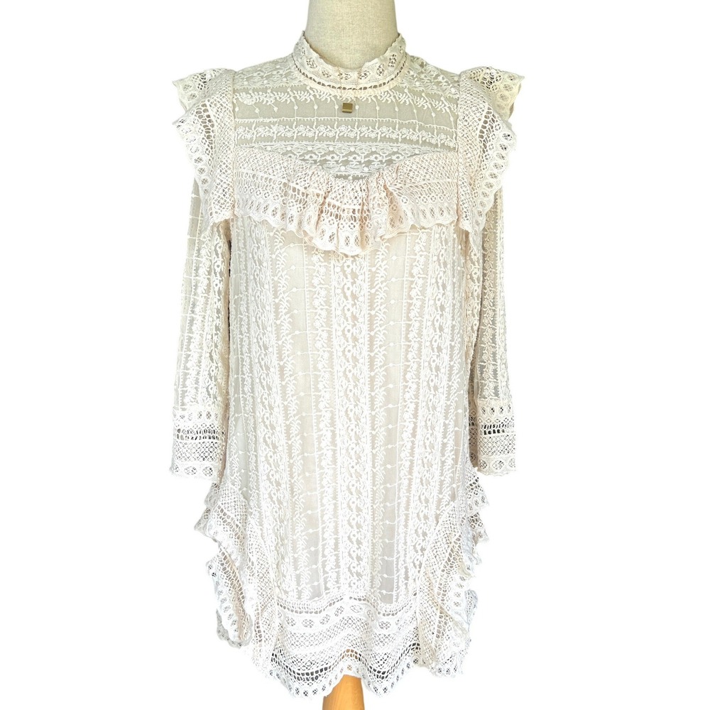 Free People Victor Victorian Dress Size M Ivory White Lace Ruffle Mini Boho